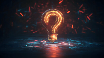 Poster - A glowing question mark inside a light bulb, surrounded by vibrant sparks, symbolizes curiosity and innovation in a digital landscape.