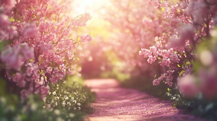 Poster - A Serene Springtime Stroll: Sunlit Path Through a Blossom-Laden Garden, Pink Petals Falling Softly on the Ground, Radiating Tranquility and Natural Beauty