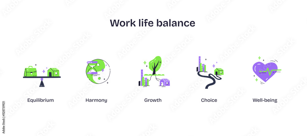 Work-life balance depicted with scales, a tree, and a heart ...