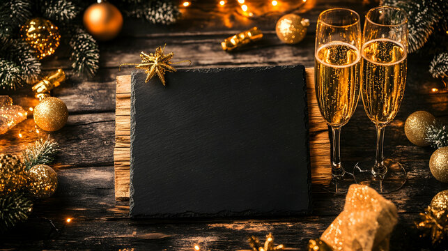 Happy New Year 2025 - Greeting Card - Black slate board with golden English text. Christmas decoration on rustic wood with Champagne glasses and golden lights from fireworks in background