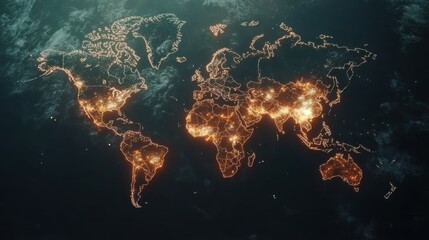 Poster - Digital world map overlay with dynamic light trails and geometric elements, representing international connectivity and modern business.