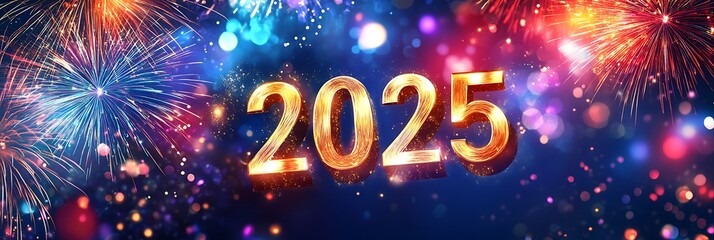 Wall Mural - Magical New Year 2025 Celebration with Fireworks and Festive Lights