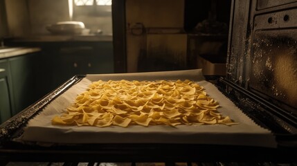 Wall Mural - Freshly Made Pasta Sheets Drying in a Warm Oven Environment