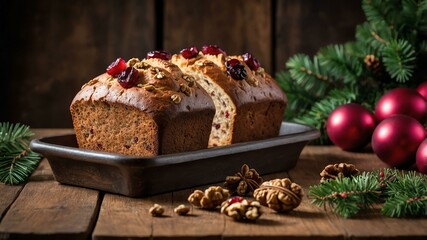 Wall Mural - cranberry walnut bread served on a wooden table with Christmas theme