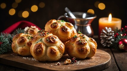 Wall Mural - garlic knots served on a wooden table with Christmas theme