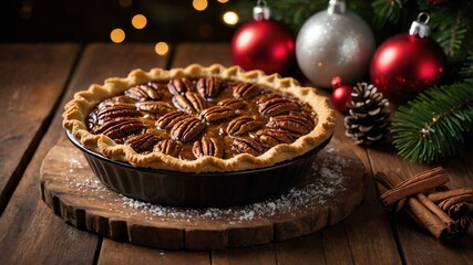 Wall Mural - pecan pie served on a wooden table with Christmas theme