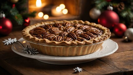 Wall Mural - pecan pie served on a wooden table with Christmas theme