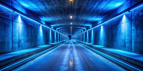 Poster - Captivating Panoramic View of a Concrete Tunnel Illuminated by Blue Neon Lights, Creating a Futuristic Atmosphere for Urban Exploration and Photography Enthusiasts