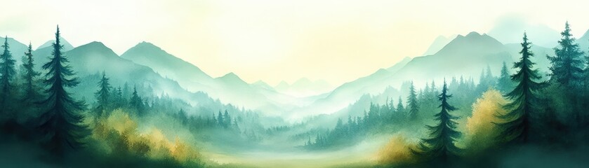 Canvas Print - A tranquil landscape featuring misty mountains and dense evergreen trees, perfect for conveying serenity in designs, Ideal for nature-themed projects, relaxation apps, or meditation materials,