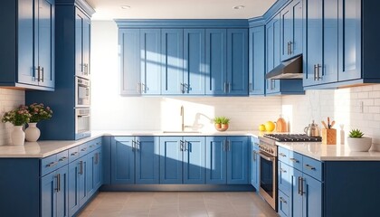 Wall Mural - Blue kitchen cabinets with a crisp and modern design, marble countertops, and stainless steel appliances, illuminated by early morning light