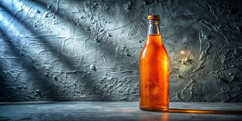 Poster - Captivating Portrait of an Orange Glass Bottle on a Textured Surface with Natural Lighting and Soft Shadows, Ideal for Product Photography and Artistic Displays