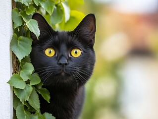 Sleek black cat with yellow eyes staring