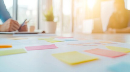Poster - Modern Collaborative Meeting with Sticky Notes in Bright Office