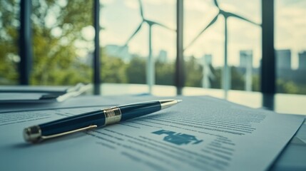 Poster - Documents related to sustainable finance are spread on a table with a pen resting nearby.