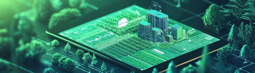 Aufkleber - A smart farm where a farmer analyzes realtime data on a tablet, using AI to monitor and control automated systems for sustainable and efficient agricultural practices