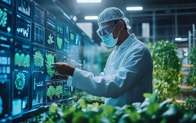 Aufkleber - A smart farm with a farmer using applications to analyze data and automate processes, employing AI technology to optimize crop health and plantation productivity