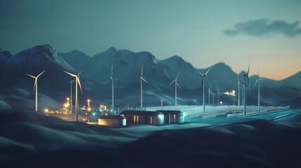 Poster - A vast wind energy farm featuring numerous turbines is situated in a remote mountainous area at dusk. The facility operates with solar panels and advanced technology to promote sustainable finance.