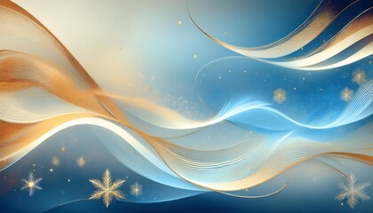 elegant winter background with flowing gold and blue waves, shimmering snowflakes, and sparkling par