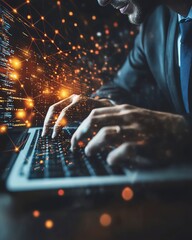 Leinwandbilder - A businessman engaging with global internet connections for business, digital marketing, and finance, using technology and big data to enhance online banking services