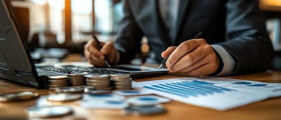 Aufkleber - A businessman using global internet connections for finance and banking, analyzing big data through digital links to enhance business and digital marketing strategies