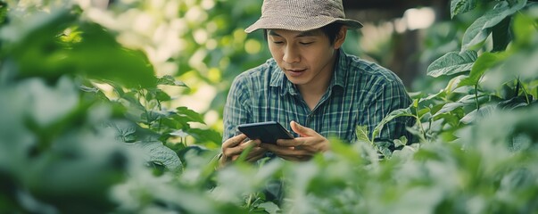 Aufkleber - A farmer using a mobile application for data analysis, monitoring smart farming systems, and automating agricultural processes with AIdriven technology for plantation management