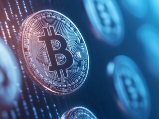 Poster - Glowing Bitcoin Coins and Blockchain Network on Dark Blue Background