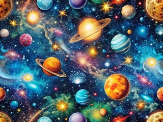 Poster - Captivating Space Pattern Background Featuring Celestial Bodies, Stars, and Galaxies in a Vibrant Color Scheme, Perfect for Creative Projects and Design Inspirations