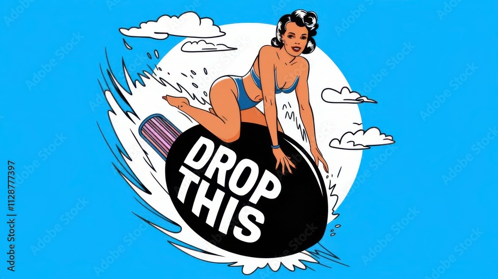Vector illustration of a pin-up woman in a bikini riding a bomb like a ...