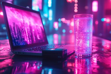 Aufkleber - Futuristic Finance Concept Bitcoin Wallet, Laptop, and Glass in Neon Glow