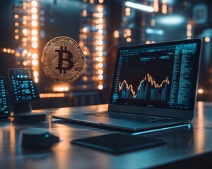 Poster - Futuristic Bitcoin and Cryptocurrency Trading in a High-Tech Financial Setting
