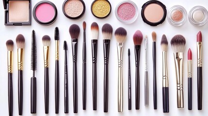 Poster - Various makeup brushes, powders, eyeshadows, and lipsticks arranged neatly on a white surface, ideal for beauty product promotion or tutorials. Generative AI