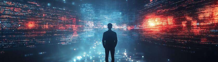 Poster - A man accessing digital marketing, finance, and banking solutions through the global internet, leveraging big data for business insights and technologydriven strategies