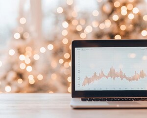 Poster - Holiday Financial Trends Laptop with Stock Charts and Festive Lights for Modern Investment Strategies