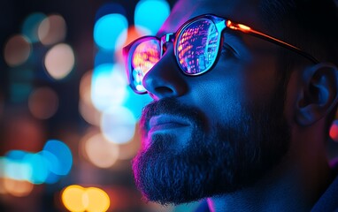Poster - A man interacting with digital technology, using the internet for global connections, digital marketing, and banking solutions powered by big data and advanced finance systems