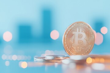 Poster - Futuristic Financial Landscape with Bitcoin and Cityscape