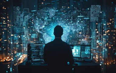 Poster - A man using advanced technology and the internet for global business connections, digital marketing, and finance, with big data and online network access