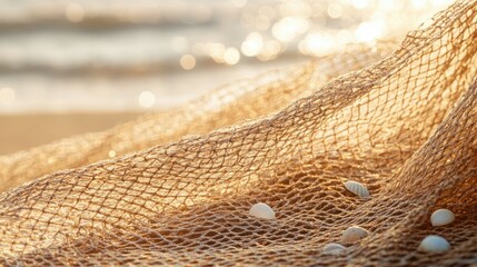Golden Hour at the Beach: A Fishing Net Adorned with Seashells