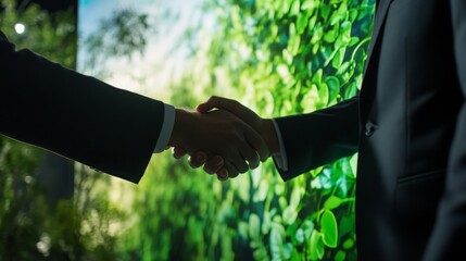 Poster - Two individuals in business attire shake hands against a backdrop of lush greenery, symbolizing collaboration in sustainable finance. This setting highlights commitment to eco-friendly initiatives.