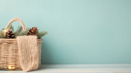 Poster - Cozy Holiday Basket with Pinecones and Scarf on Pastel Background