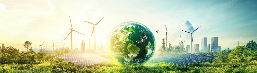 Crystalclear globe with renewable energy icons like wind turbines and ...