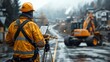 © Dmitry - A surveyor works while a machine operates amid snowy winter construction