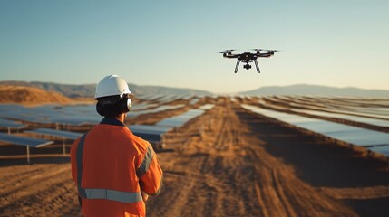 Poster - A worker in safety gear observes a drone flying over a solar farm during sunrise.