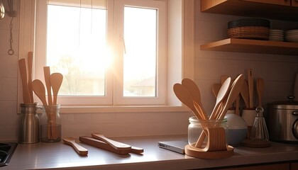 Wooden kitchen utensils arranged neatly on a countertop, sunlight pouring in through the window, creating a cozy atmosphere at sunrise