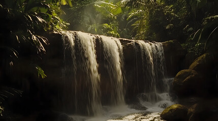 A drone recording cascading waterfalls in a lush rainforest.