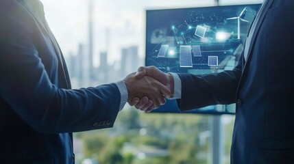 Poster - Two professionals shake hands, highlighting collaboration in sustainable finance.