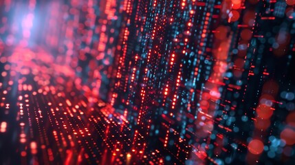 Poster - abstract digital illustration of glowing red and blue particles in a grid pattern.