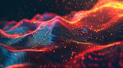 Poster - abstract red and blue glowing particles in a wave pattern.