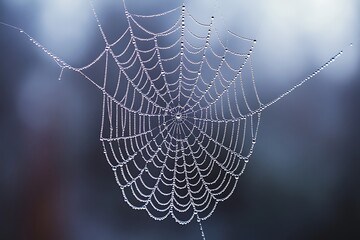 A delicate spiderweb covered in morning dew drops, shimmering in the soft light.