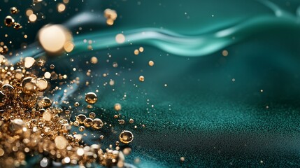 Poster - sparkling golden bubbles rise from a textured teal background during a creative art process