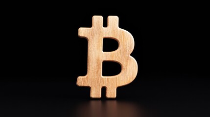 Poster - Striking Wooden Bitcoin Symbol Over Reflective Black Surface